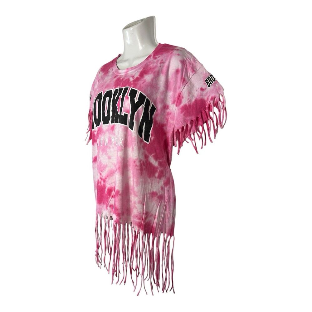 On Fire Women’s 2X Pink Tie Dye Brooklyn NY Fringe T-Shirt Boho Festival Cotton - Picture 3 of 7
